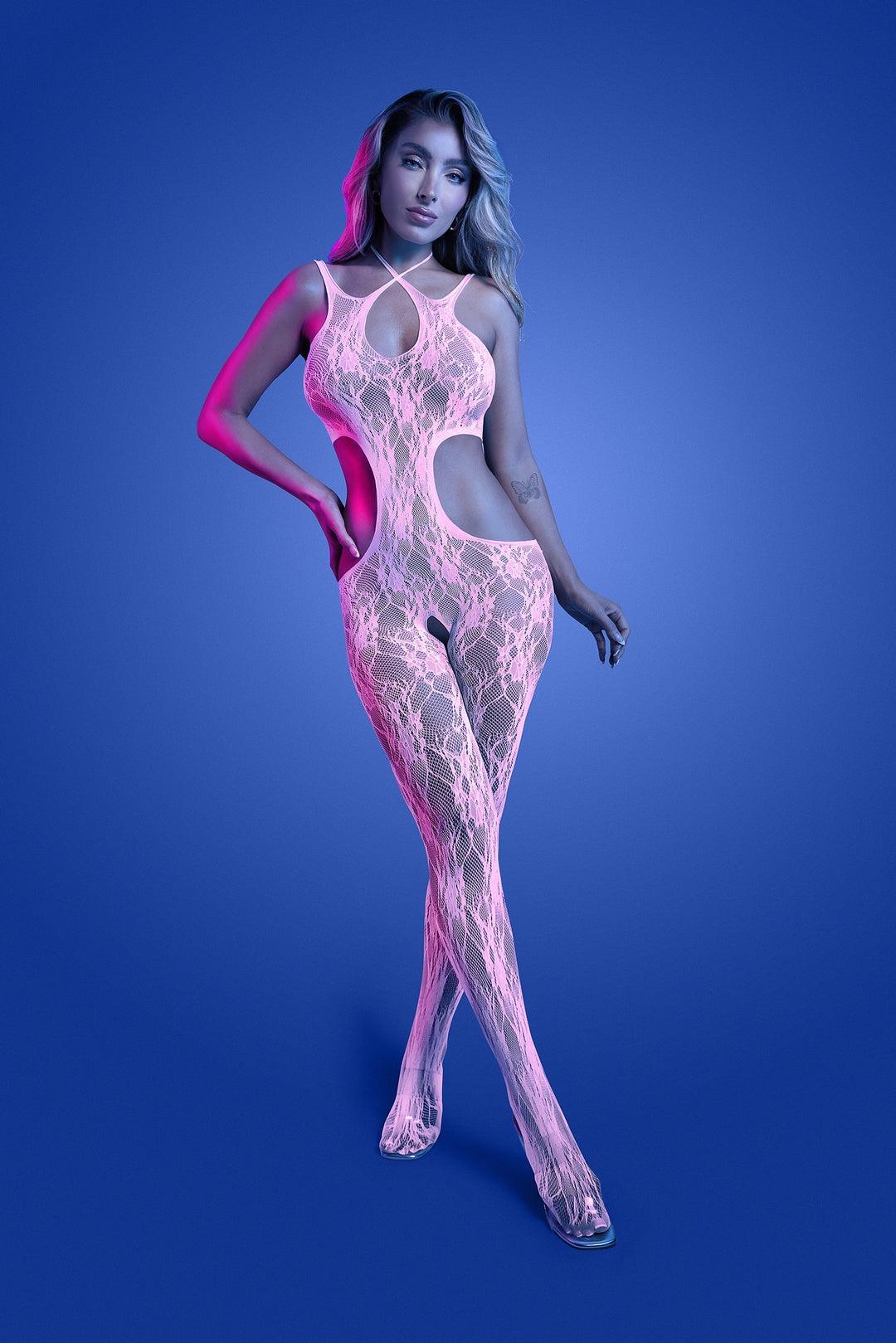 Fantasy Lingerie FL-GL2549 White EQUILIBRIUM Glow-in-the-dark lace knit crotchless bodystocking; glows pink