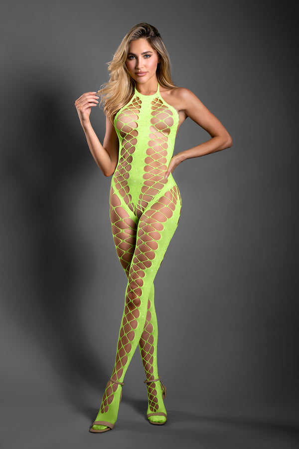 Fantasy Lingerie FL-SF1005 Neon Green UNSTOPPABLE Crotchless rhinestone knit halter bodystocking