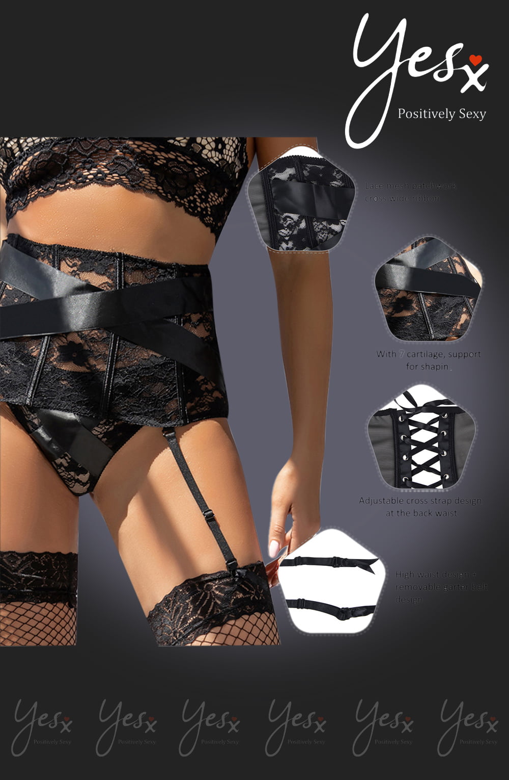 YesX YX984 Suspender Belt &amp; Thong Set Black