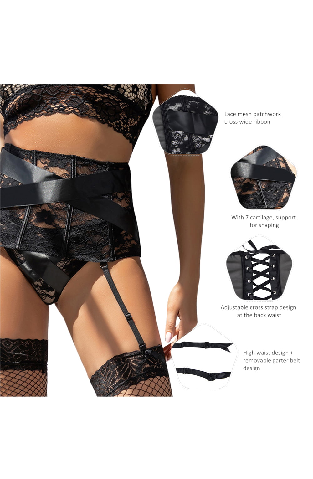 YesX YX984 Suspender Belt &amp; Thong Set Black